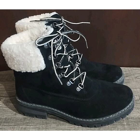 GLOBAL WIN Black combat Boots Faux Fur Lining Size 9 EU 40 Suede PU Faux Leather - Picture 1 of 9